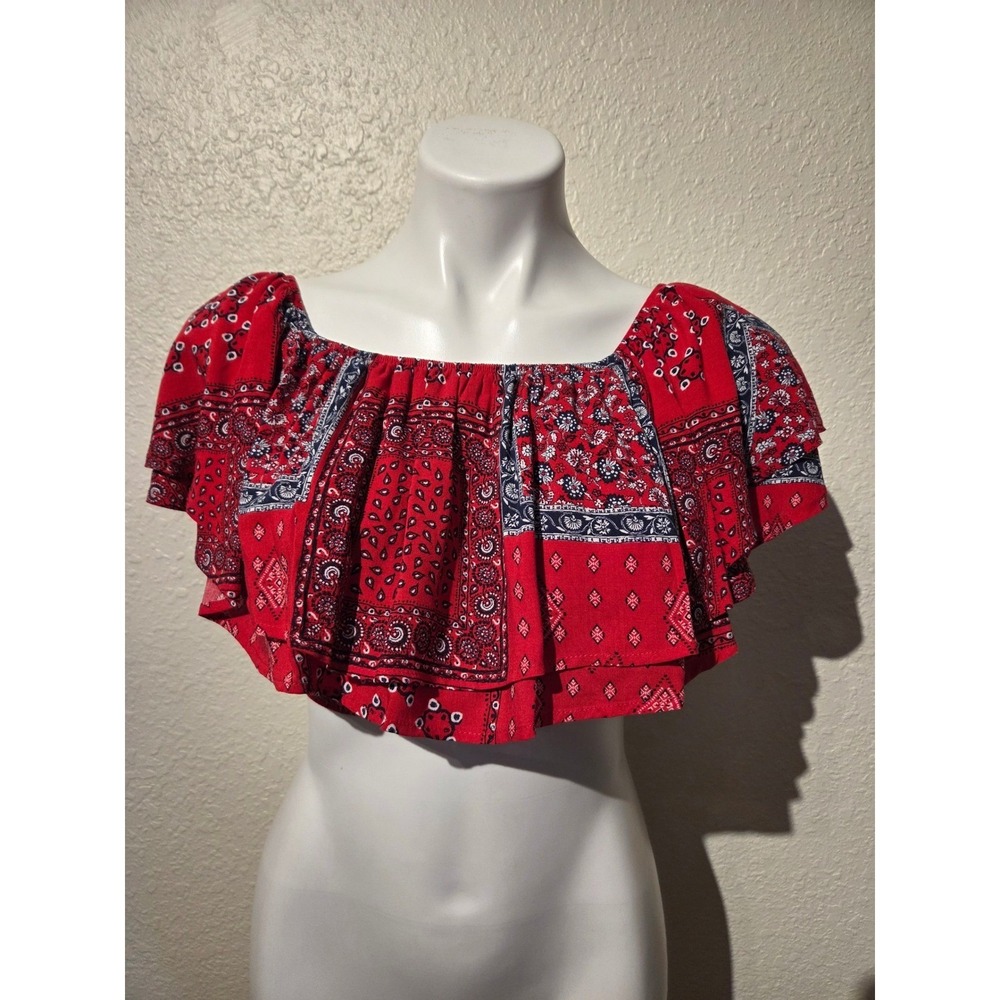 Altar'd State Red Bandana Paisley Ruffle Off Shoulder Crop Top S Boho Festival